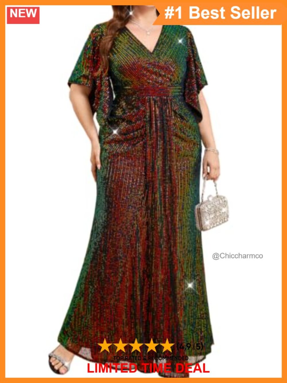 Plus Size Sequin Mermaid Gown V-Neck Ruched Formal Evening Dress